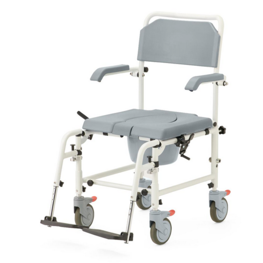 The Medline Aluminum Padded Shower Chair Commode is a 3-in-1 gray and white shower wheelchair with armrests, a padded seat, four wheels (two with brakes), and a removable footrest, offering mobility assistance in various settings.